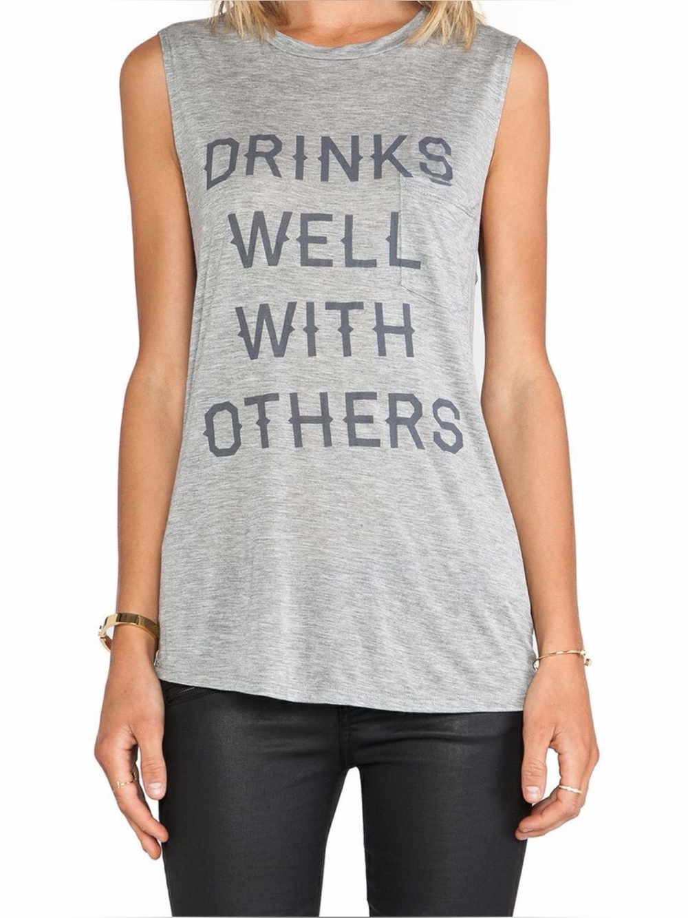 Haute Hippie Drinks Well With Others Graphic Muscle Tank Top Gray Black
